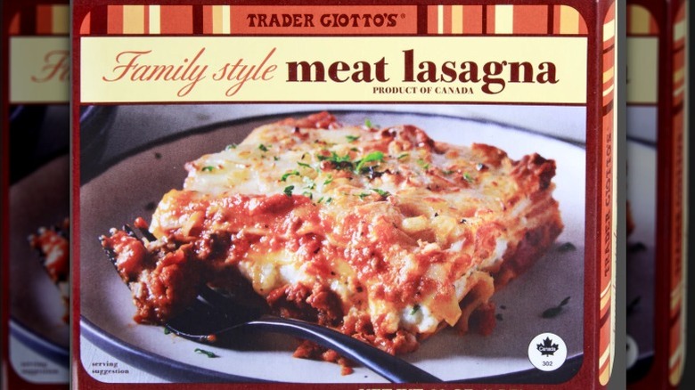 a box of Trader Joe's Family Style Meat Lasagna.