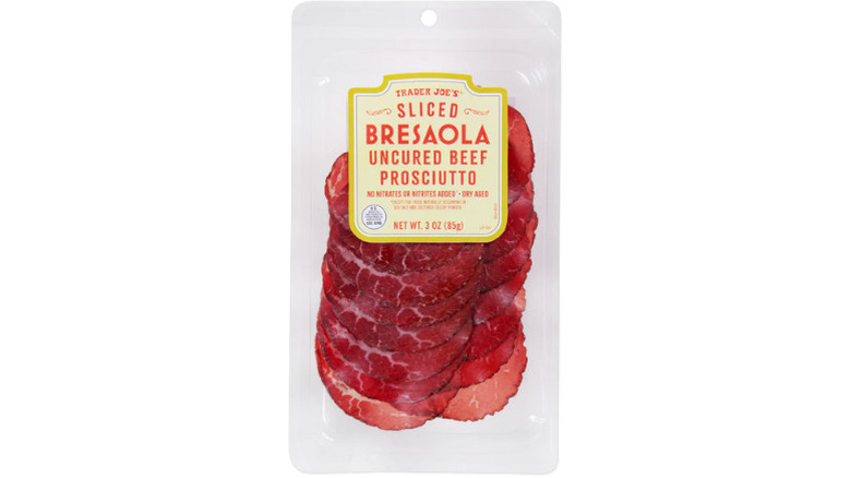 a package of Trader Joe's Sliced Bresaola Uncured Beef Prosiutto.