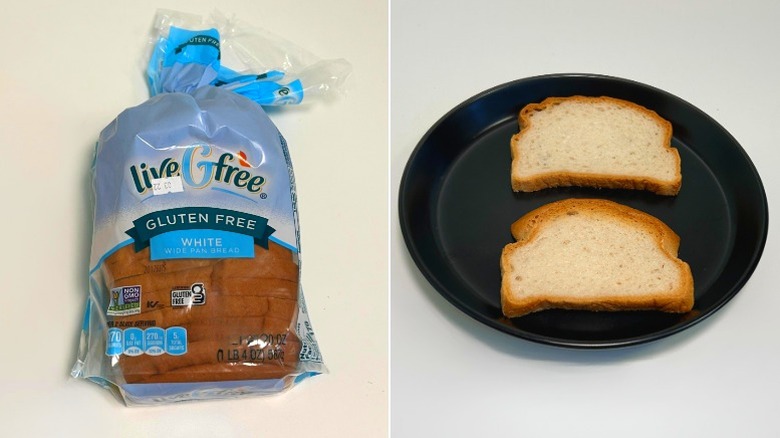A loaf of liveGfree Gluten Free White Bread next to a black plate of bread