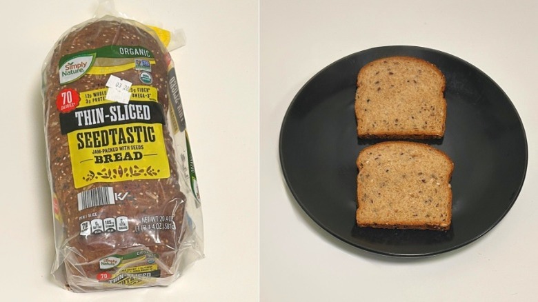 A loaf of Simply Nature Seedtastic Bread beside a black plate with two pieces of bread