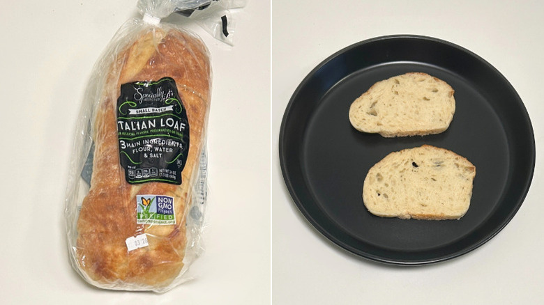 Loaf of Specially Selected Italian Bread next to a black plate of bread