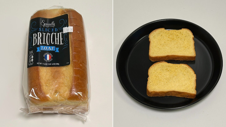 A loaf of Specially Selected Sliced Brioche next to a black plate of bread