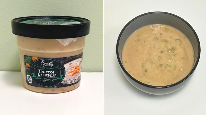A container of Specially Selected Broccoli and Cheddar Soup beside a bowl of soup