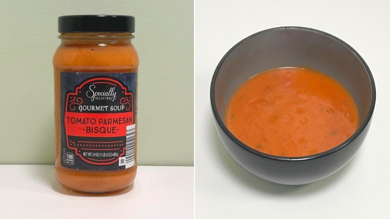 A jar of Specially Selected Tomato Parmesan Bisque next to a bowl of soup