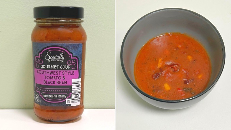 A jar of Specially Selected Southwest Style Soup beside a bowl of soup