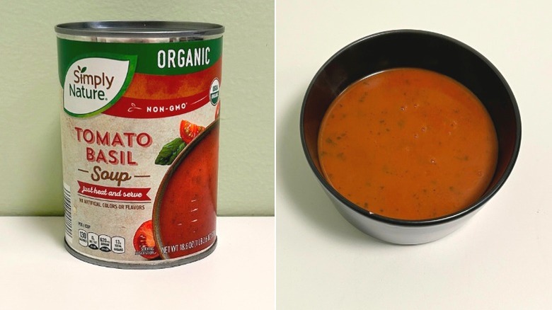 A can of Simply Nature Tomato Basil Soup beside a bowl of soup