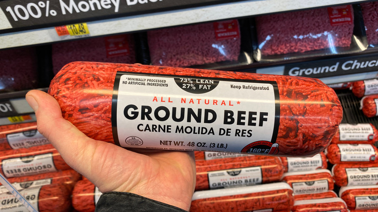 Hand holding ground beef tube