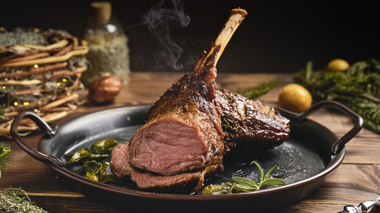 Roasted leg of lamb on plate