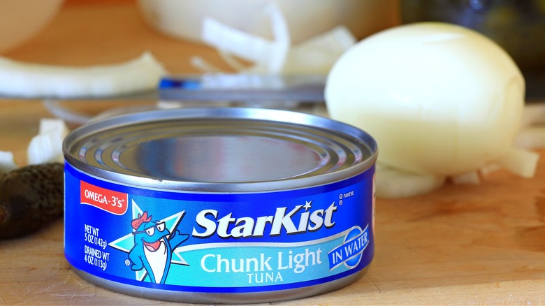 Starkist chunk light water-packed canned tuna on counter with other ingredients