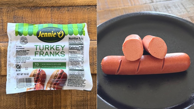 Jennie-O turkey franks in package and on a black plate