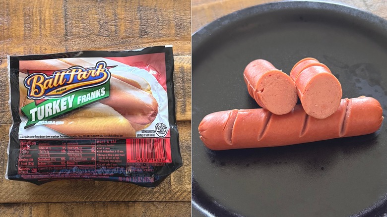Package of Ball Park turkey franks in package and on a black plate