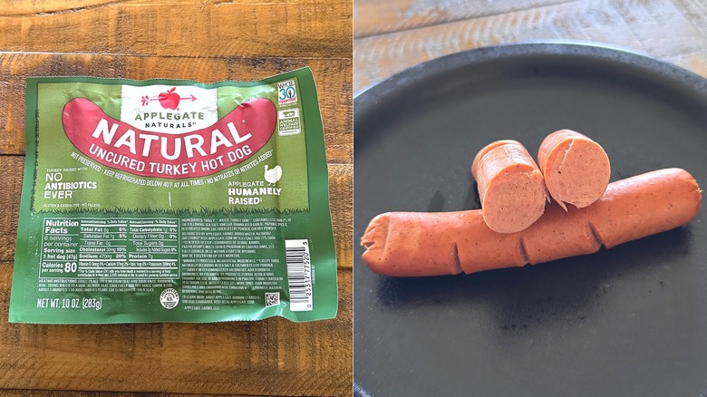 Applegate Uncured turkey hot dog in package and on a black plate