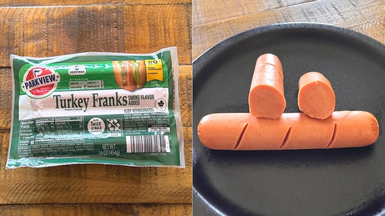 Parkview turkey franks in package and on a black plate