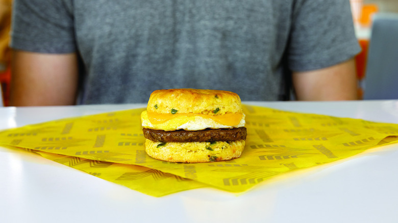 a sausage egg and cheese on a Jalapeño Cheddar Biscuit from Whataburger.