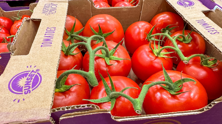 Box of Costco tomatoes on the vine