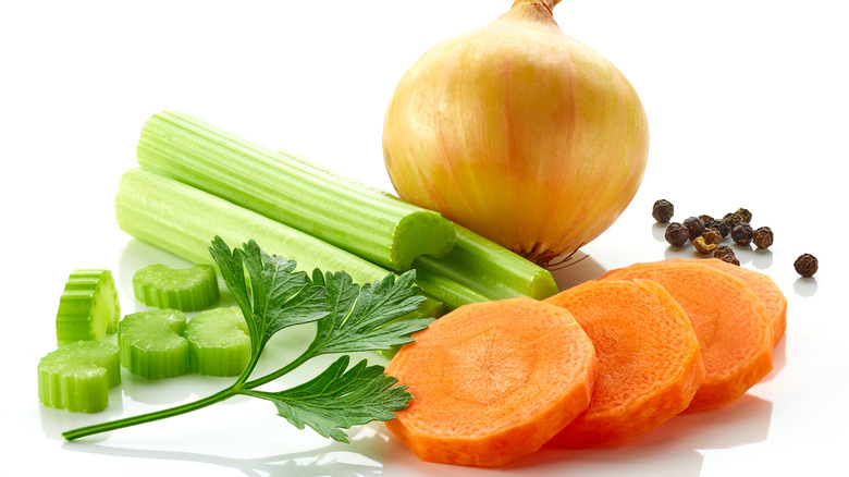 celery, carrots, and onion with herbs and spices