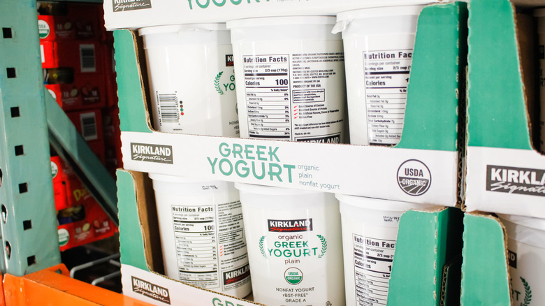 Containers of Kirkland Signature Organic Greek Nonfat Yogurt