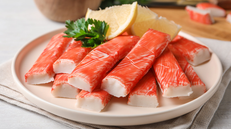 Imitation crab sticks on plate