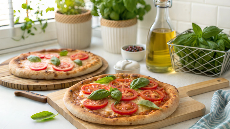 Freshly baked margherita pizza in the kitchen at home
