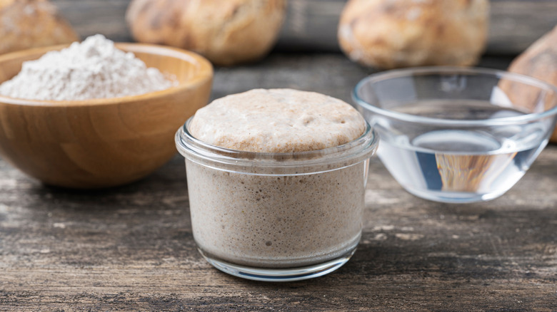 Flour, water and activated yeast in bowls on the counter in the kitchen
