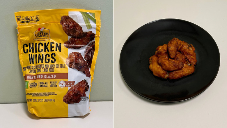 A bag of Foster Farms Honey BBQ Wings beside a plate of chicken wings