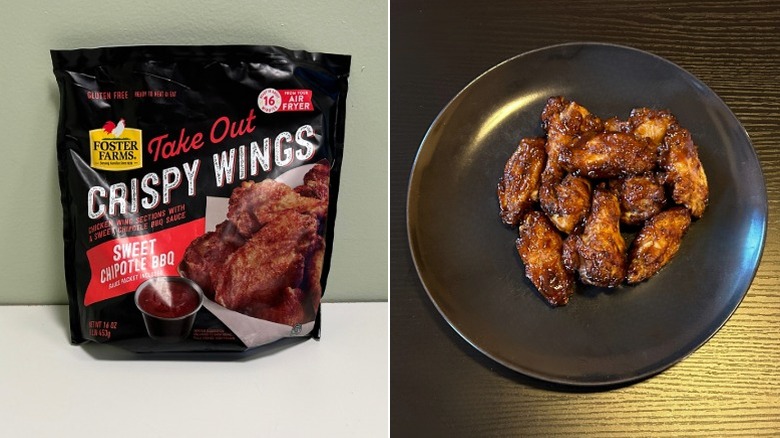A bag of Foster Farms Sweet Chipotle BBQ Wings beside a plate of chicken wings