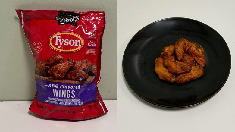 A bag of Tyson BBQ BBQ Wings beside a plate of chicken wings