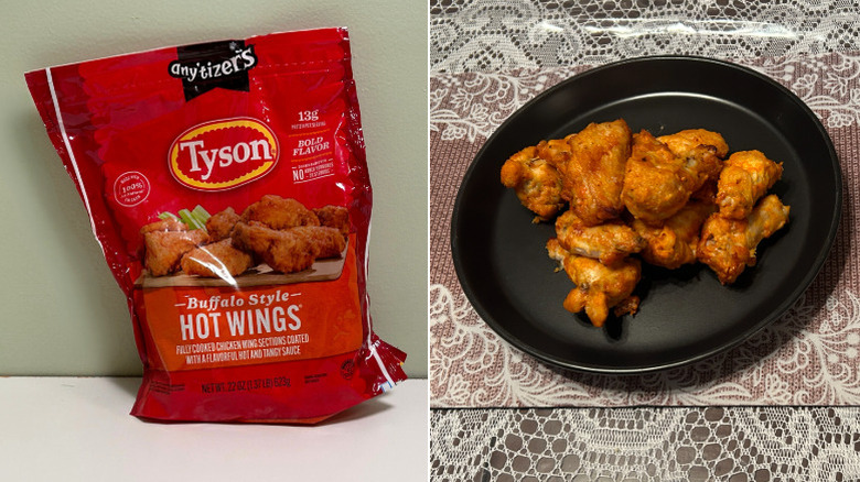 A bag of Tyson Buffalo Style Wings next to a plate of chicken wings