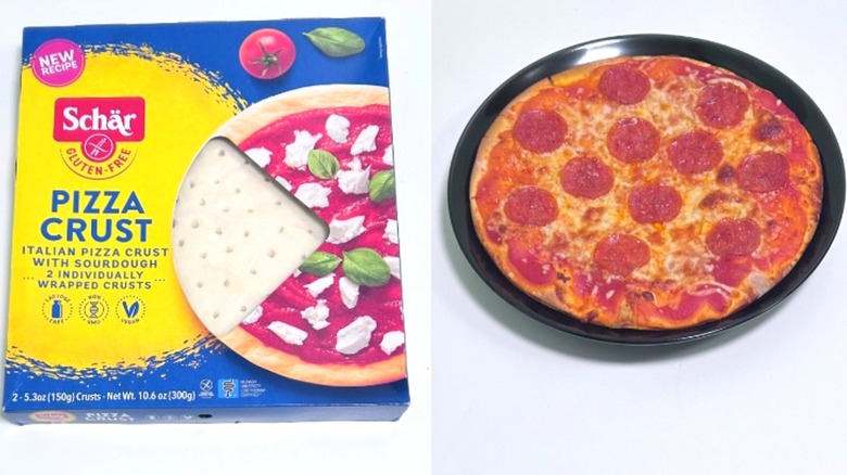 A pizza next to an unopened package of Schar Pizza Crusts