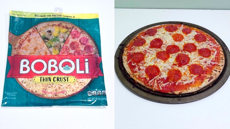 A pizza next to an unopened package of Boboli Thin Pizza Crusts