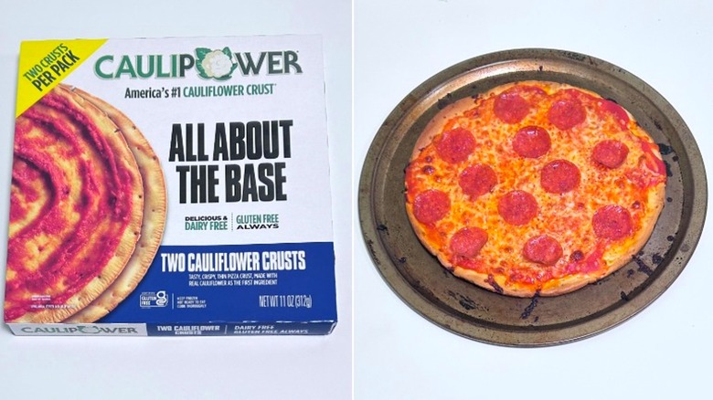 A pizza next to an unopened package of Caulipower Pizza Crusts