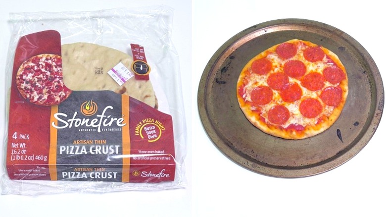 A pizza next to an unopened package of Stonefire Pizza Crusts