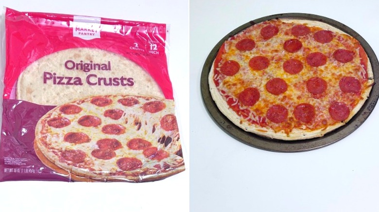 A pizza next to an unopened package of Market Pantry Original Pizza Crusts