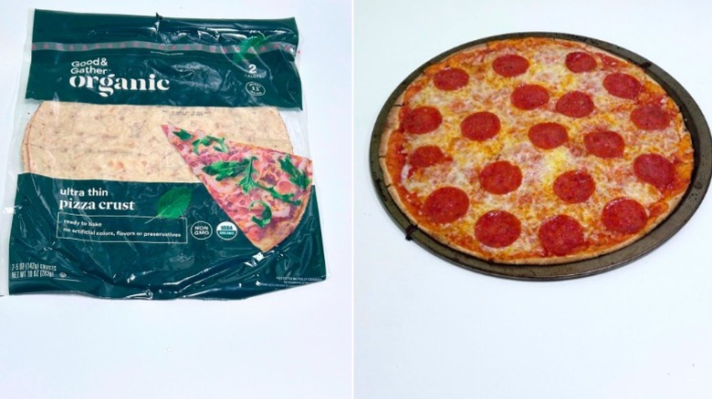 A pizza next to an unopened package of Good and Gather Pizza Crusts