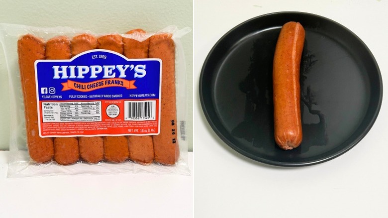 A package of Hippey's Chili Cheese Franks next to a black plate with a hot dog on it