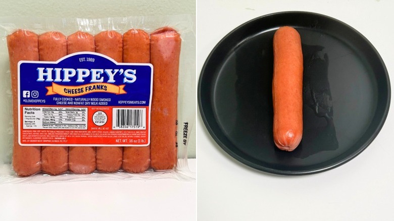 A package of Hippey's Cheese Hot Dogs next to a black plate with a hot dog on it