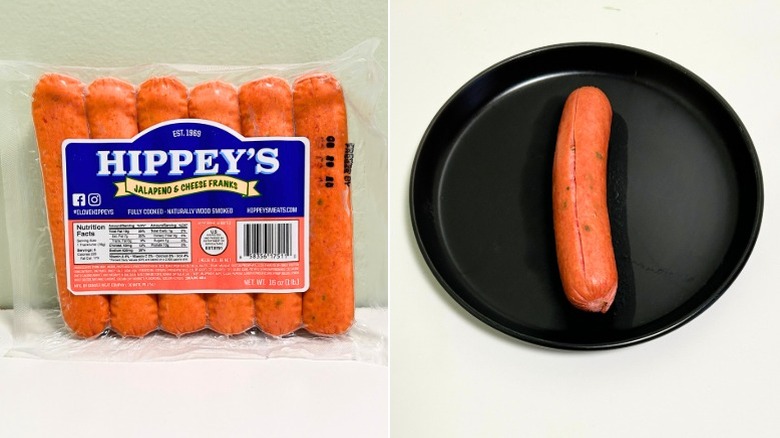 A package of Hippey's Jalapeno and Cheddar Hot Dogs next to a black plate with a hot dog on it