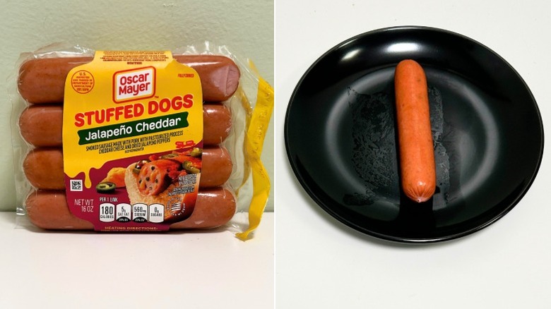 A package of Oscar Mayer Jalapeno Cheddar Stuffed Hot Dogs next to a black plate with a hot dog on it