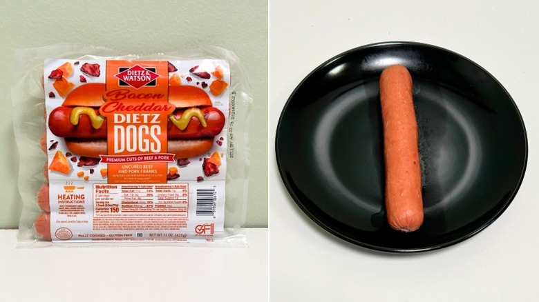 A package of Bacon Cheddar Dietz Dogs next to a plate with a hot dog
