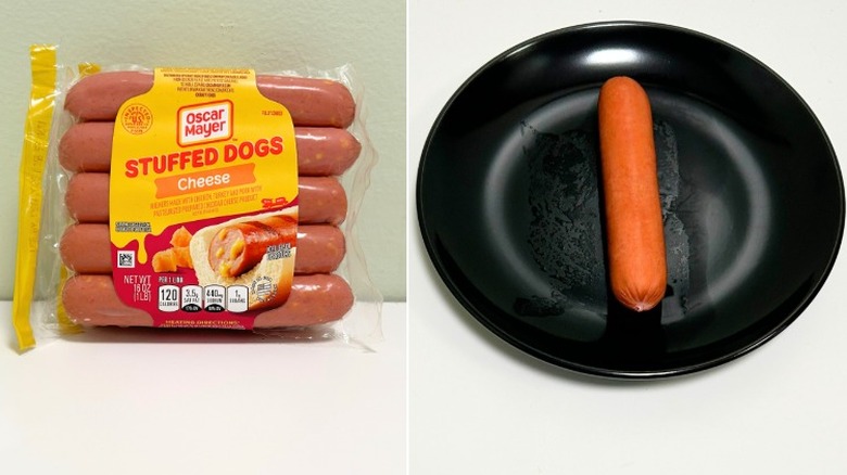 A package of Oscar Mayer Cheese Stuffed Hot Dogs next to a black plate with a hot dog