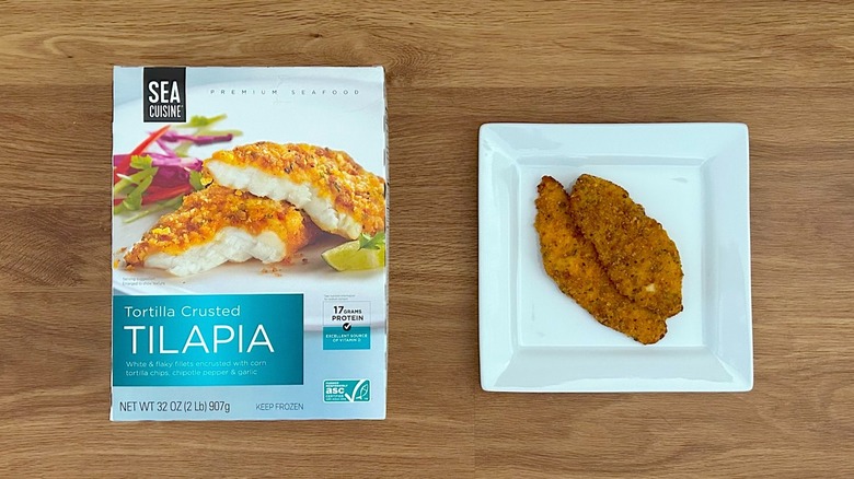 Sea Cuisine Tortilla Crusted Tilapia package and prepared tilapia on white square plate