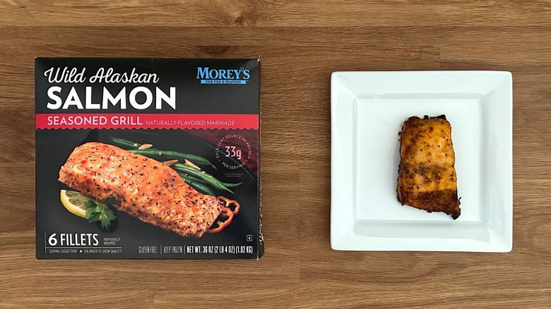 Morey's Fine Fish & Seafood Wild Alaskan Salmon Seasoned Grill package and prepared salmon on white square plate