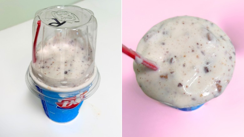 A Blizzard cup with lid next to a close up overhead of a Reese's Peanut Butter Cup Blizzard Treat