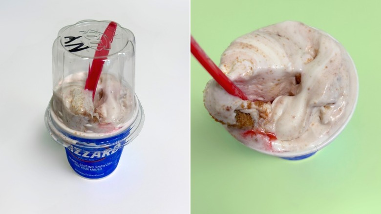 A Blizzard cup with lid next to a close up overhead of a Royal New York Cheesecake Blizzard Treat