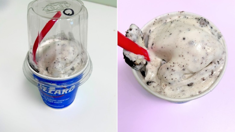 A Blizzard cup with lid next to a close up overhead of an Oreo Cookies Blizzard Treat