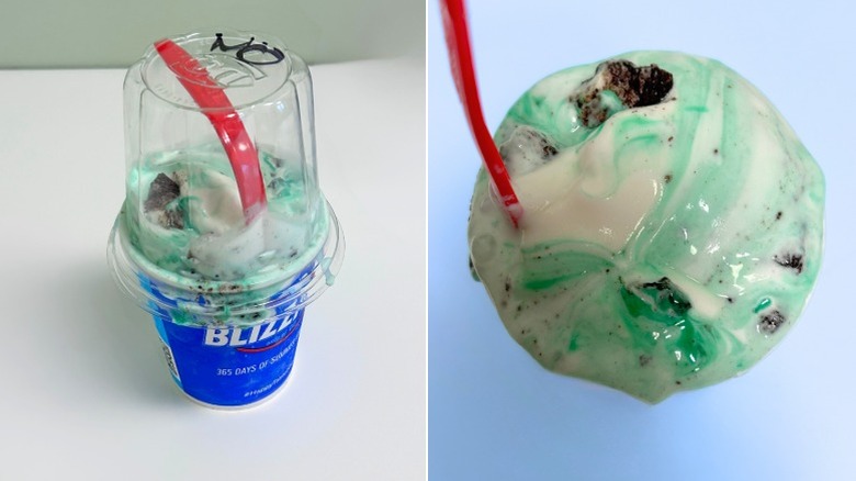 A Blizzard cup with lid next to a close up overhead of a Mint Oreo Cookies Blizzard Treat