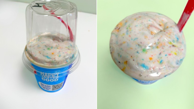 A Blizzard cup with lid next to a close up overhead of an M&Ms Blizzard Treat