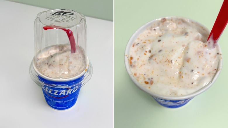 A Blizzard cup with lid next to a close up overhead of a Butterfinger Blizzard Treat