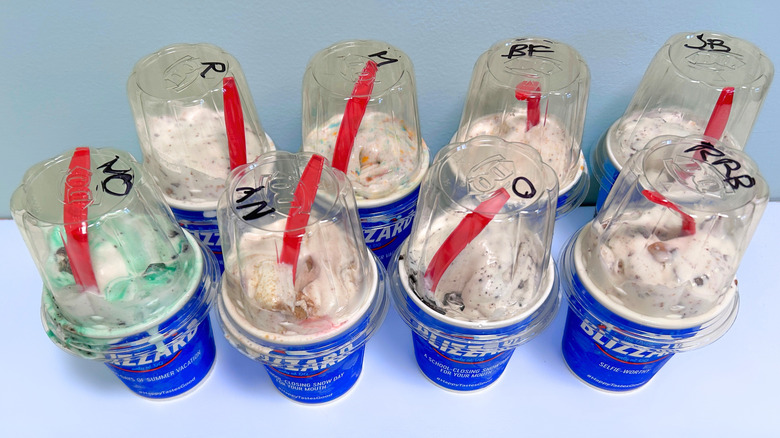 Eight Blizzard flavors lined up in rows