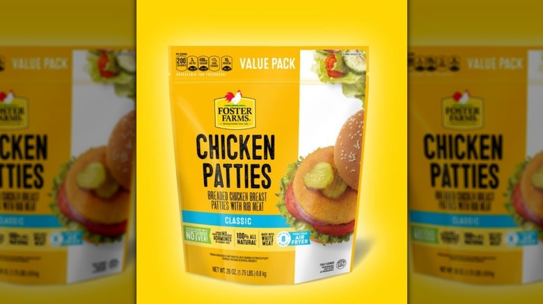 A bag of Foster Farms breaded chicken patties on a yellow background